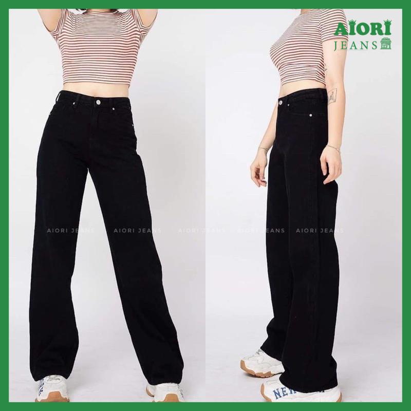 Quần Jean Nữ Aiori Ống Rộng Lưng Cao Trơn Màu Đen Bò Suông Phong Cách Thời Trang Hàn Quốc Jean Cotton Mềm Mịn_Mã 3099