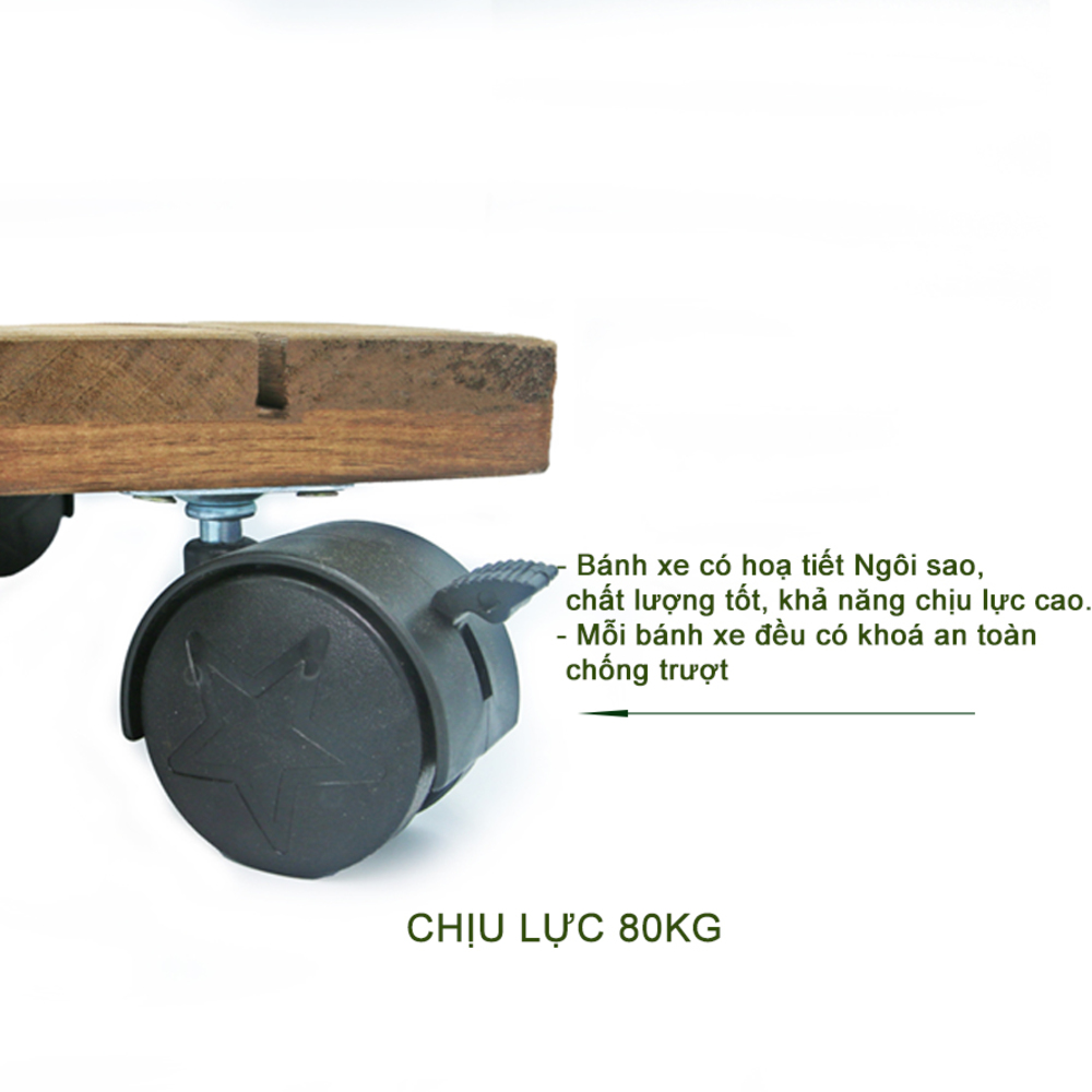 Đế lót chậu cây có bánh xe Greenhome-Đường kính 30 cm chịu lực 80kg- Chất liệu Gỗ Tràm Bông Vàng