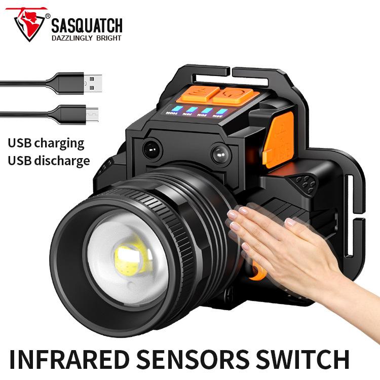 Đèn pha LED có thể sạc lại siêu sáng USB Đèn đầu cảm biến chuyển động có thể điều chỉnh 3 chế độ Đèn pha có thể phóng to