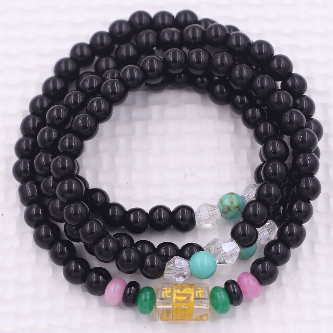 Vòng chuỗi 108 hạt đá thạch anh đen charm lục tự chân ngôn - hạt 8 ly , vòng chuỗi niệm Phật, vòng chuỗi đeo tay