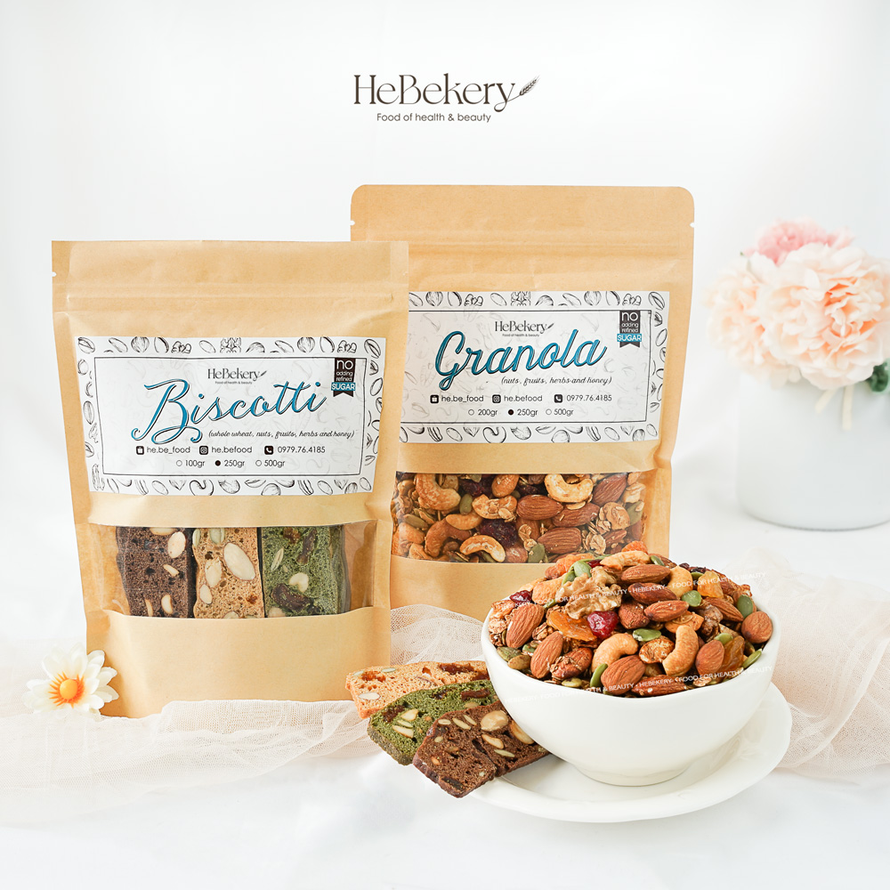Combo 250g Granola + 250g Biscotti 3 Vị Ăn Kiêng Không Đường By HeBe
