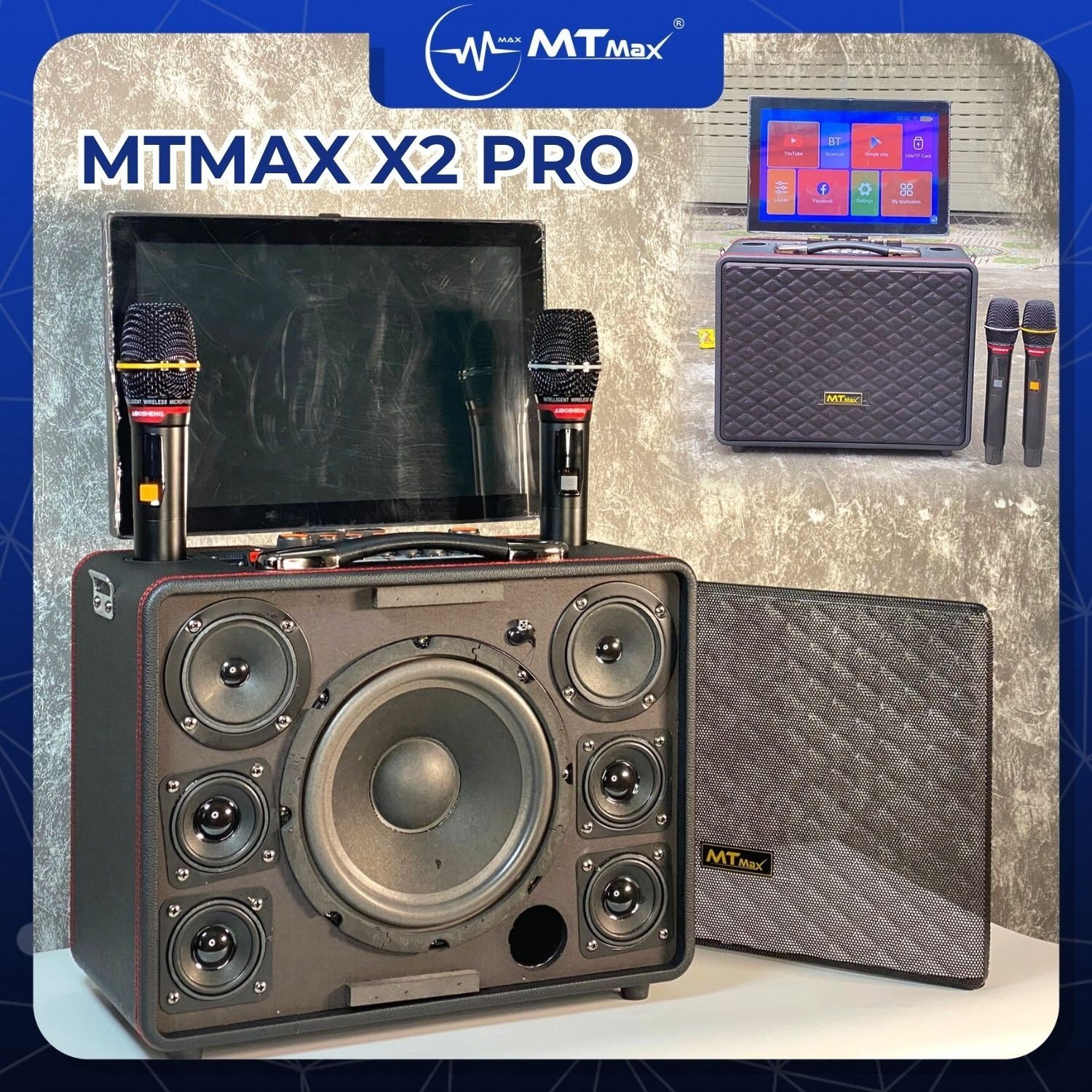 Loa Màn Hình MTMAX X2 PRO - 7 Đường Tiếng Karaoke Cùng Màn Hình Android Hiện Đại, Đẳng Cấp Và Bền Bỉ Với Thùng Chất Liệu Gỗ Bọc Da Và Lớp Bảo Vệ Bên Ngoài Bằng Lưới Kim Loại Cáp Cứng Màu Đen