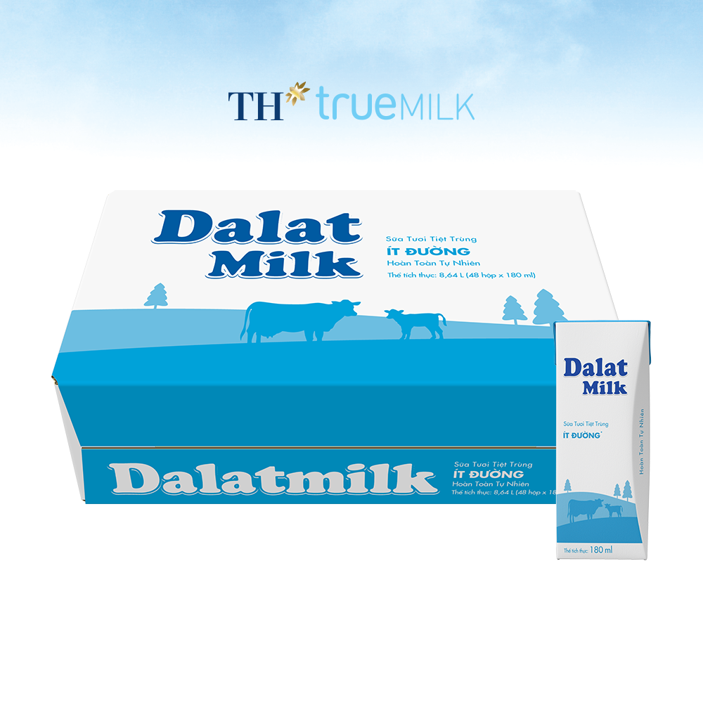 Thùng 48 hộp sữa tươi tiệt trùng ít đường Dalatmilk 180ml (180ml x 48)