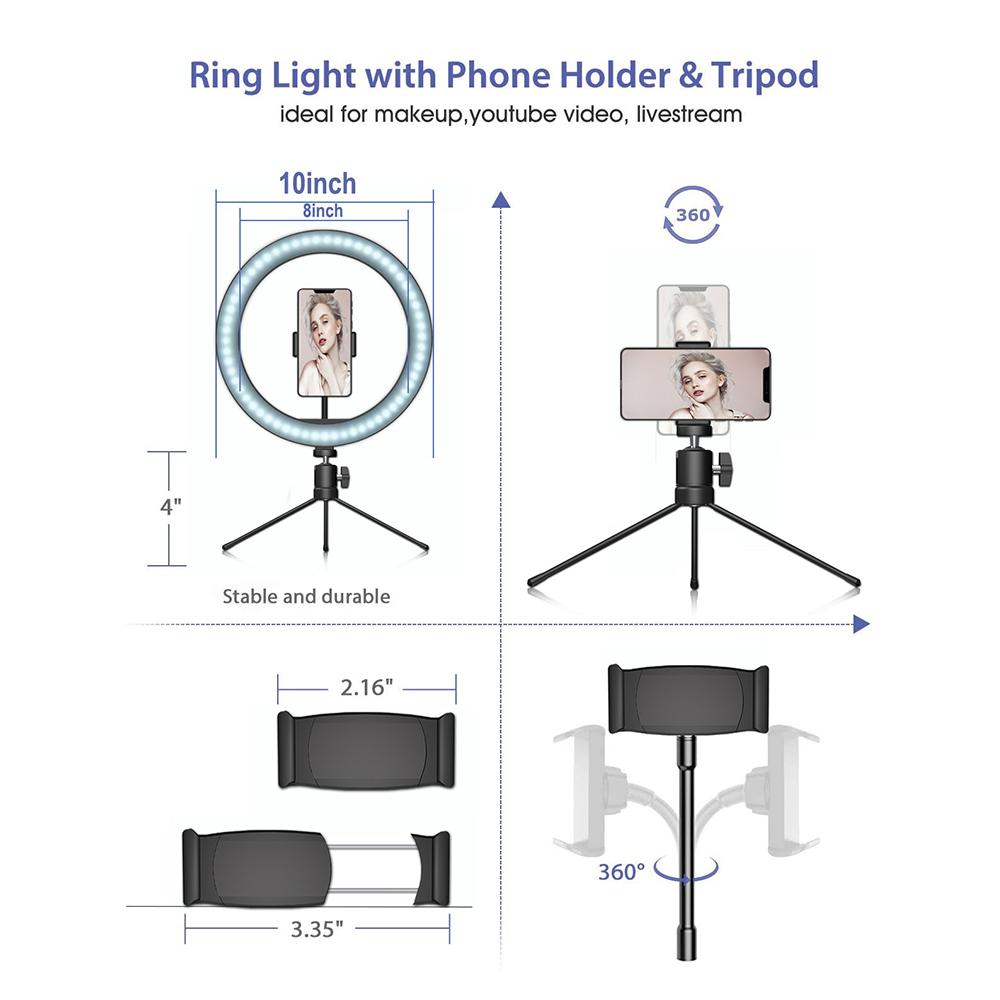 Đèn LED Ring Light Desktop có thể điều chỉnh độ sáng với giá đỡ điện thoại chân máy nhỏ Rmote Shutter