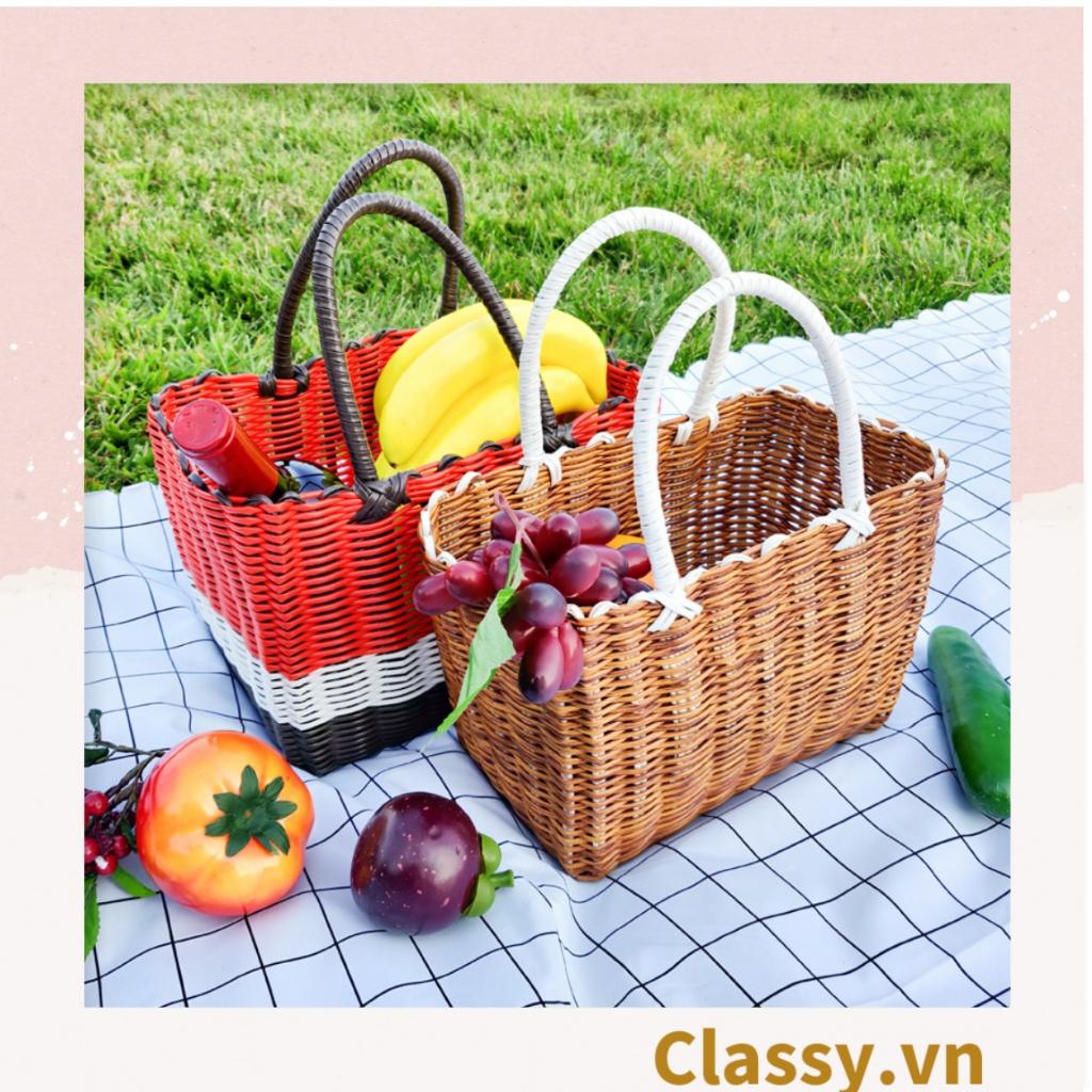 Giỏ mây đan bằng nhựa cao cấp  Classy có hình mặt cười, dùng làm dụng cụ chụp hình, đi dã ngoại, đi dạo phố T1071