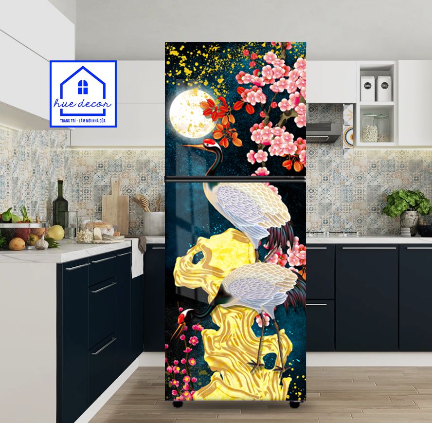 Decal dán tủ lạnh mẫu quốc điểu uyên ương - Chất liệu chống nước, phù hợp với mọi loại tủ