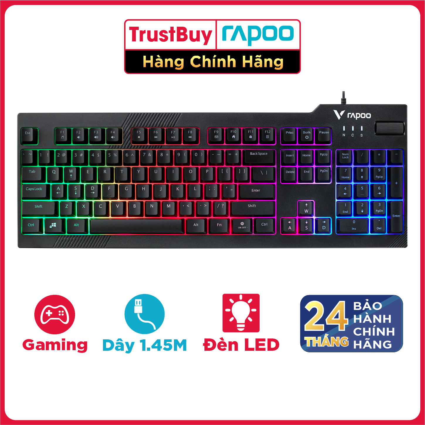 Bàn Phím Gaming RAPOO V50S Đèn Nền 7 Màu, Dây Cắm USB Dài 1.45M - Hàng chính hãng