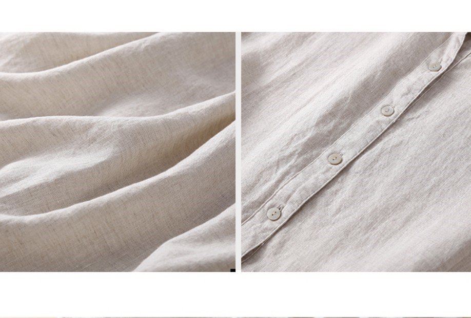 Đầm Linen suông nữ cổ sen mềm mại thiết kế tay ngắn phối cúc đơn giản da158