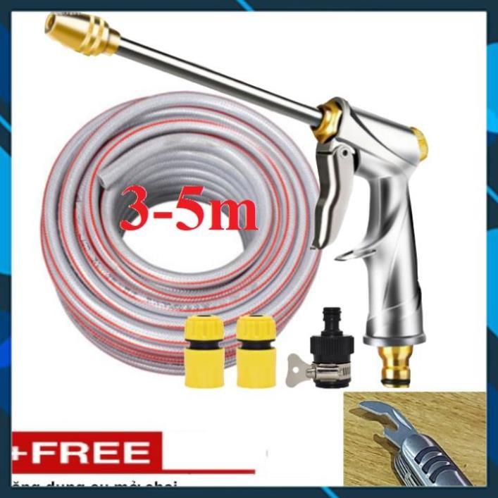 ️ Bộ dây vòi xịt nước rửa xe,tưới cây ,tăng áp 3 lần,loại 3m,5m 206701-2 đầu đồng,cút,nối nhựa đen+ mở chai
