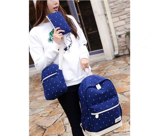 Bộ 3 Món Ba Lô Chấm Bi Vải Bố Dày Cao Cấp