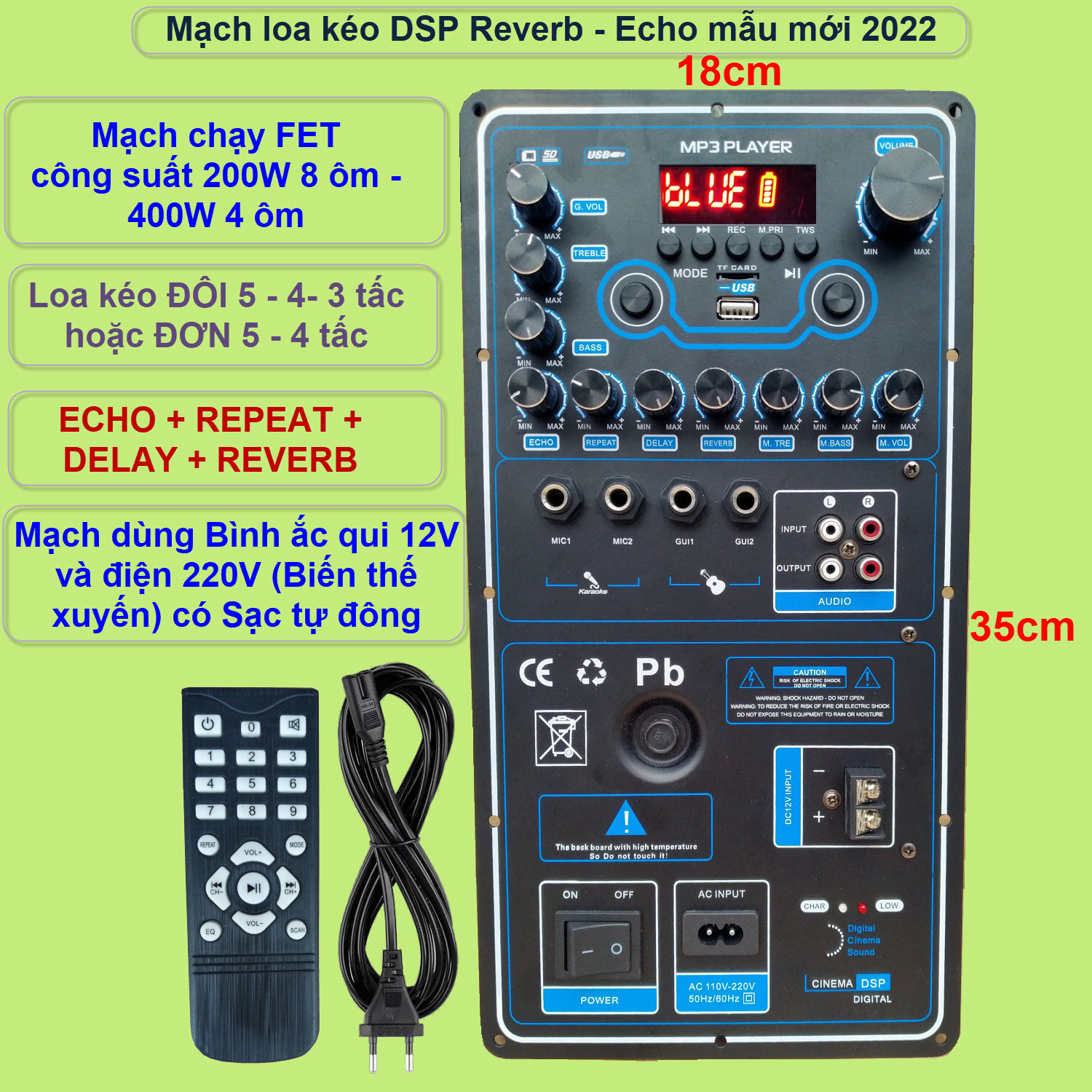 Mạch loa kéo Reverb Echo DSP dùng FET công suất 200W 8 ôm – 400W 4 ôm, loa kéo ĐÔI 5 – 4 – 3 tấc hoặc loa kéo ĐƠN 5 – 4 tấc - DỌC