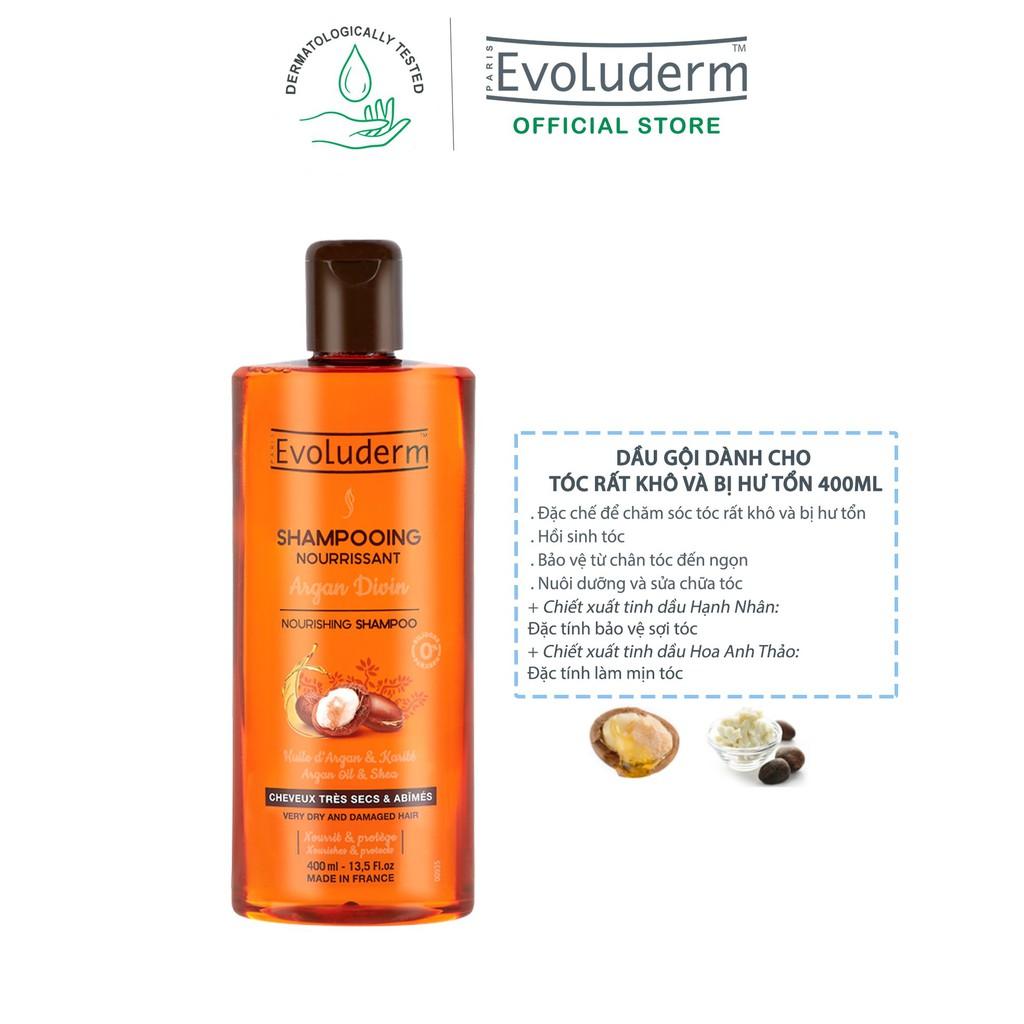 Dầu gội dành cho tóc rất khô và bị hư tổn Evoluderm Shampoing Nourrissant Argan Divin 400ml