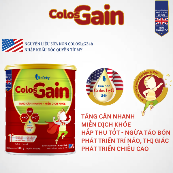 Sữa bột Colos Gain 800g giúp bé tăng cân hiệu quả, giảm táo bón, miễn dịch khỏe - VitaDairy