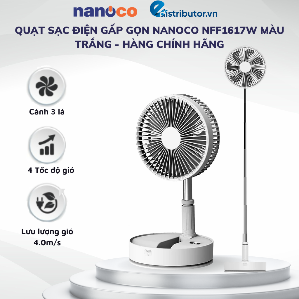 Quạt Sạc Điện Gấp Gọn Nanoco NFF1617W Màu trắng - Hàng chính hãng