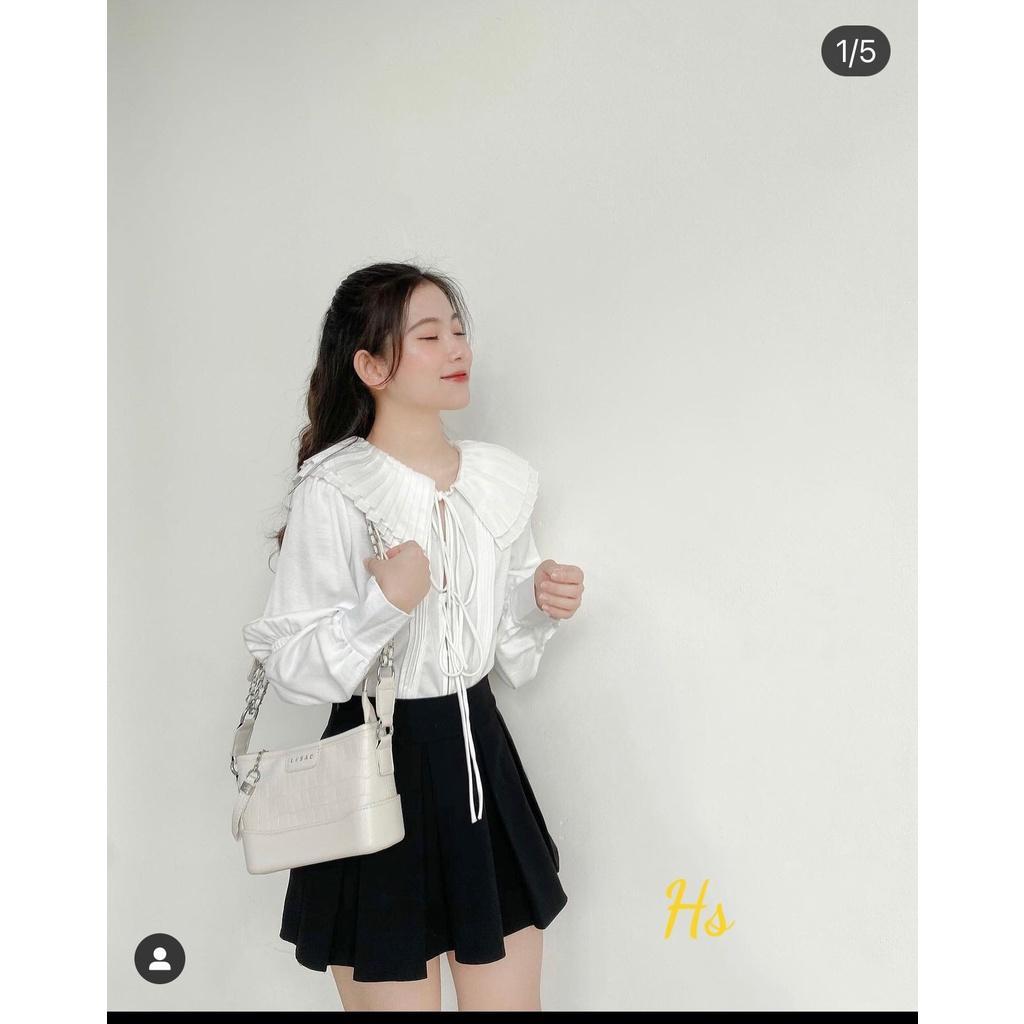 Áo Sơ Mi Nữ Lụa Trắng Cổ Bèo Xếp Ly Dây Buộc Dài Tay
