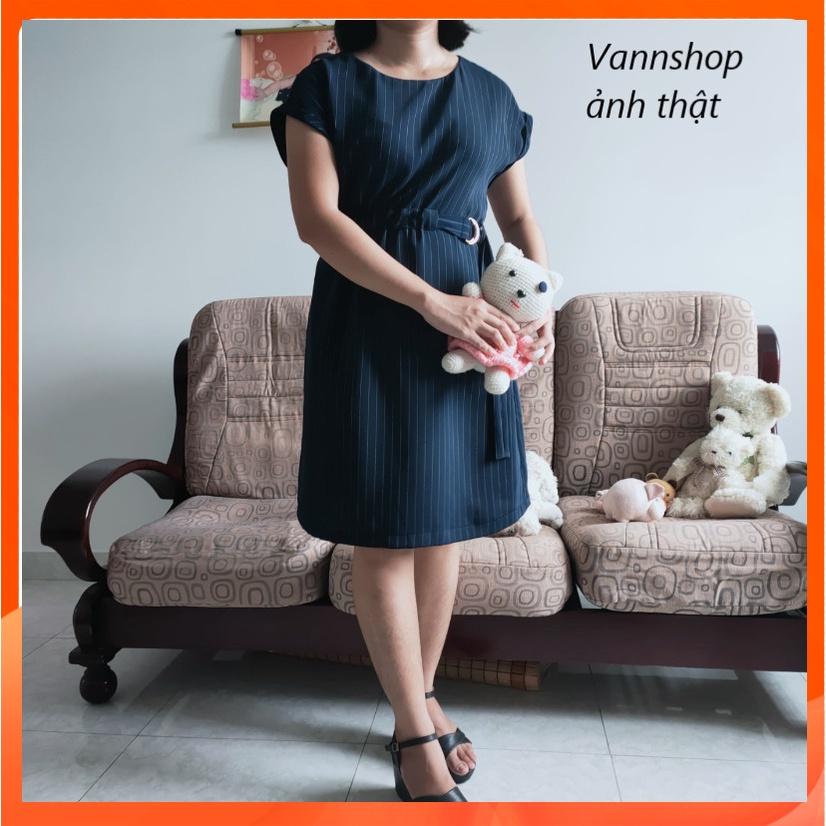 Đầm nữ dáng suông cổ tròn kẻ sọc kèm thắt lưng phong cách công sở -Thiết kế Vannhshop Ms D011
