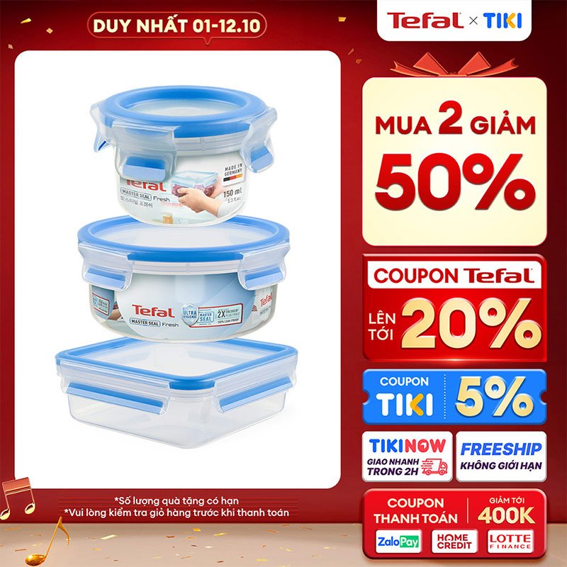 Bộ 3 hộp nhựa tròn, hộp nhựa vuông Tefal Masterseal Fresh 150ml, 850ml, 0.85L - xanh