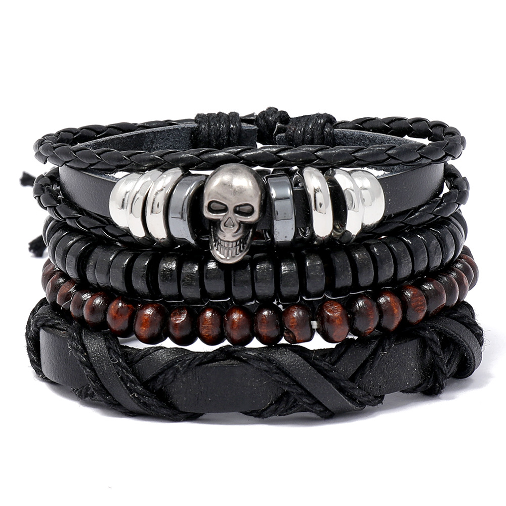 Set 4 vòng tay da nam skull caribe kết hợp phong cách retro