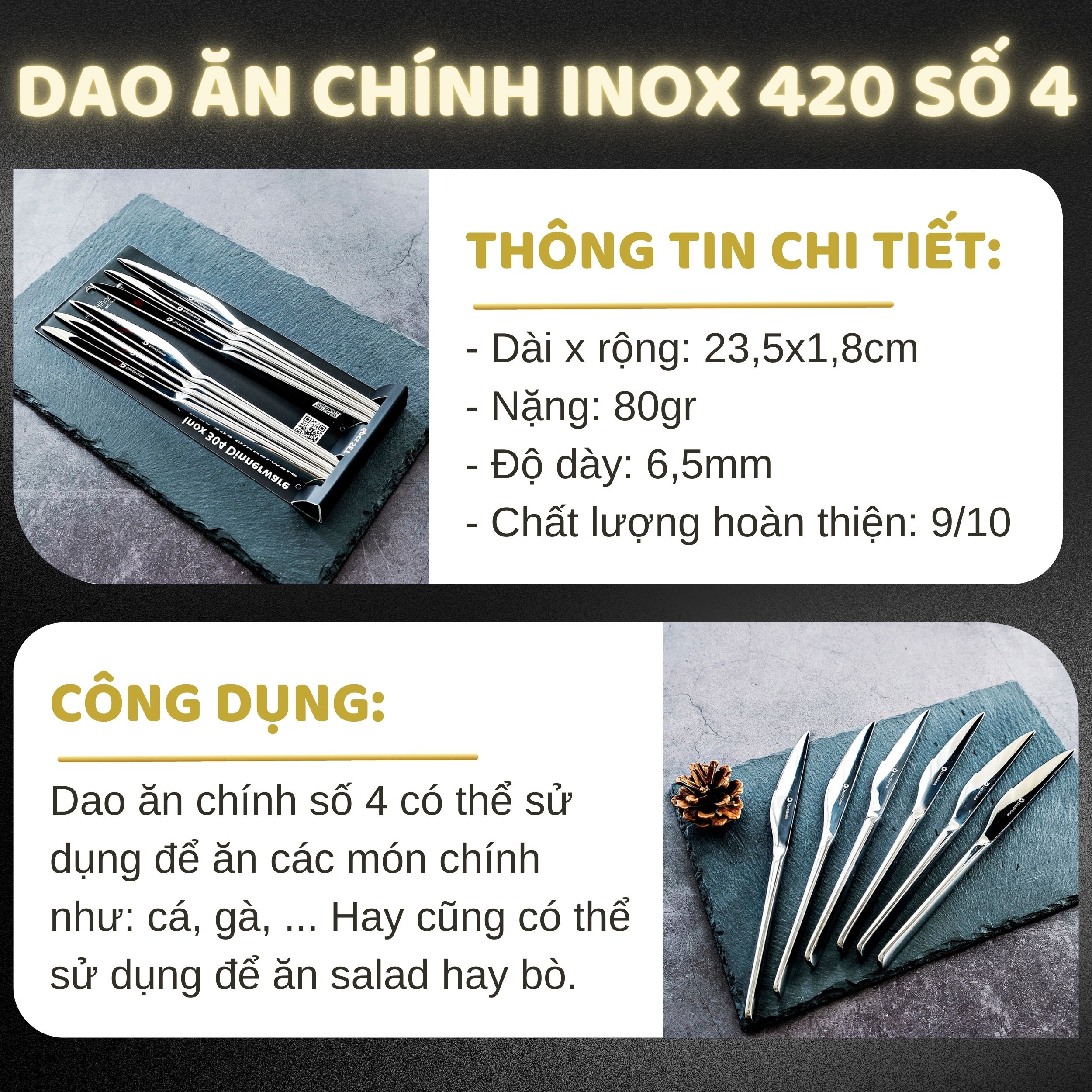 Bộ 6 dao ăn bít tết inox DandiHome 2020 cao cấp, sang trọng, tinh tế