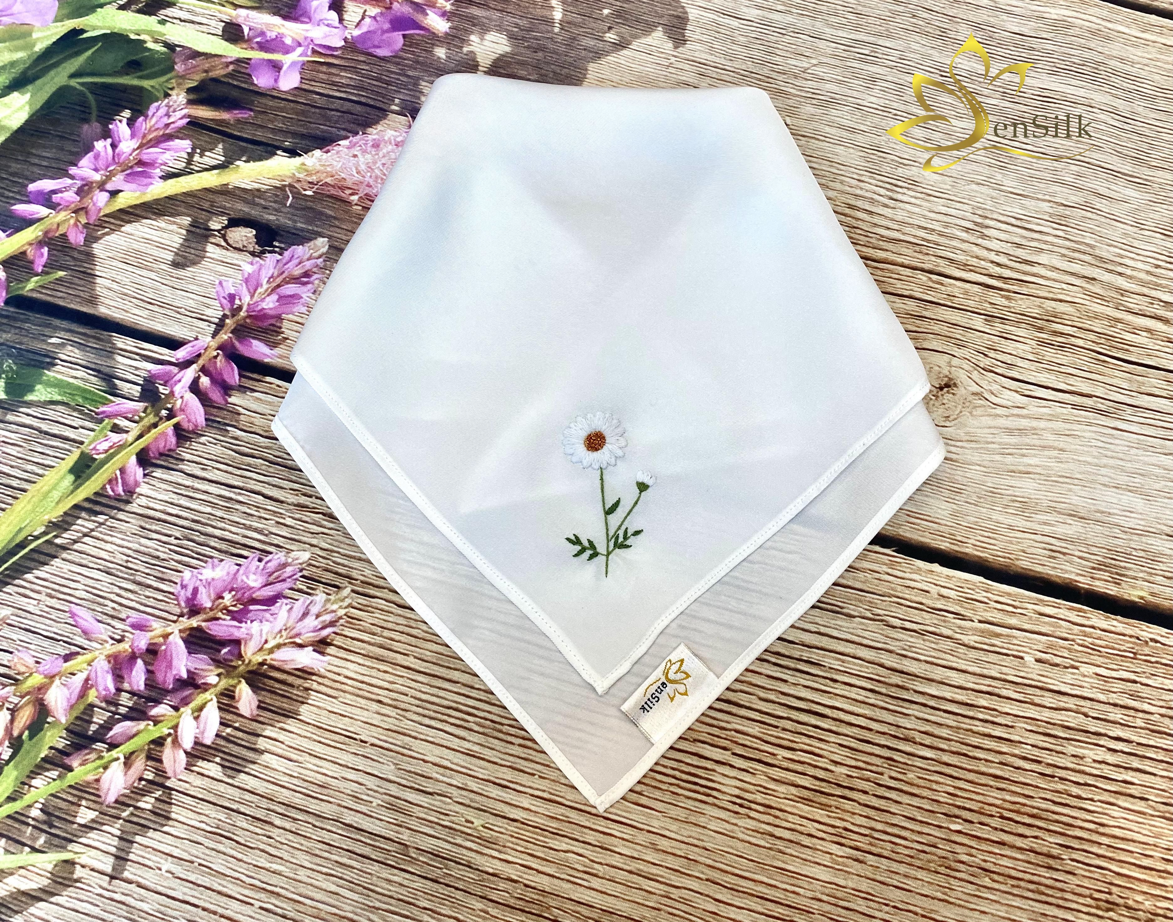 Khăn Tay Thêu Cúc Họa Mi SenSilk 35 x 35 cm - Embroidered Handkerchief Silk, Lụa Tơ Tằm Bảo Lộc Cao Cấp made in Vietnam