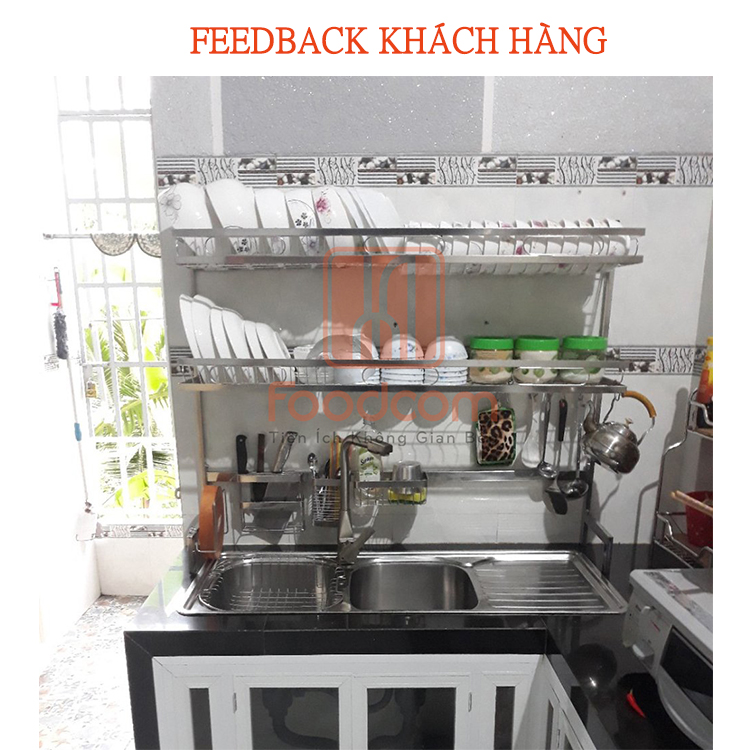 Kệ chén bát đa năng Foodcomkích thước 106 cm 2 tầng dùng cho bồn đôi bằng inox cao cấp không gỉ, giá để bát trên bồn rửa ráo nước cho nhà bếp sạch sẽ