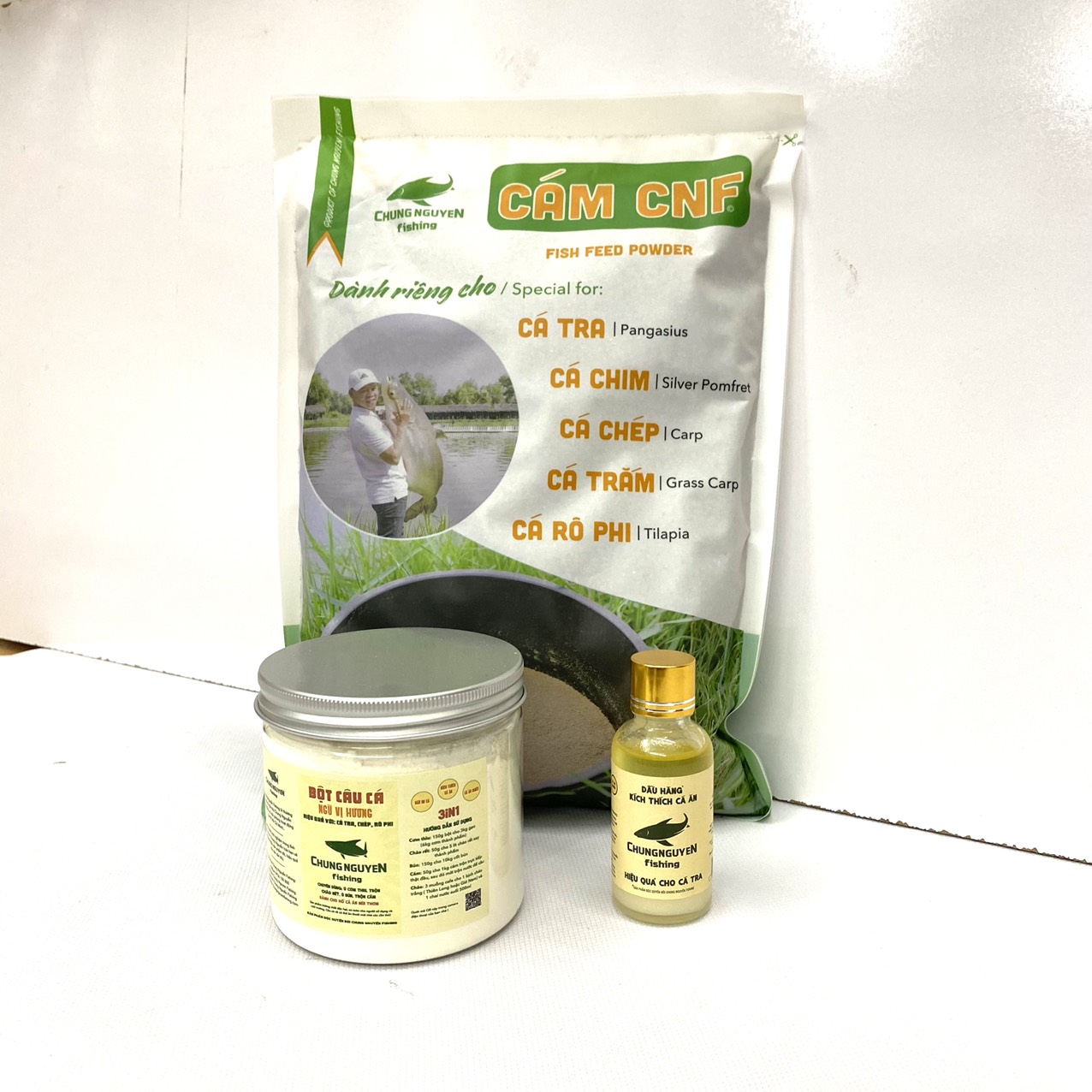 Combo 1kg Cám CNF, 1 Chai Dầu Hăng, 1 Hũ Bột Chung Nguyen Fishing Chuyên Dùng Câu Cá Tra, Chép, Rô Phi, Trắm, Trôi