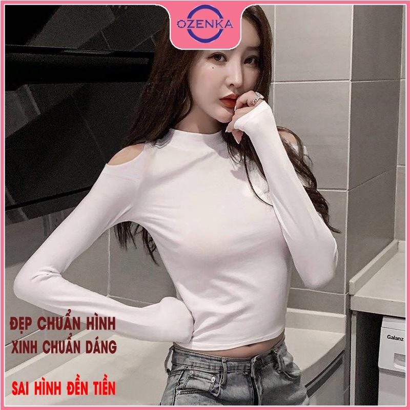 Áo croptop cổ lọ hở vai tay dài , crt ôm body thun gân 100% cotton đen trắng free size dưới 50kg mặc đi chơi