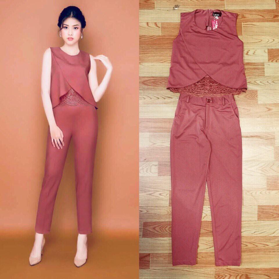 Set nguyên bộ quần dài áo đắp chéo phối ren