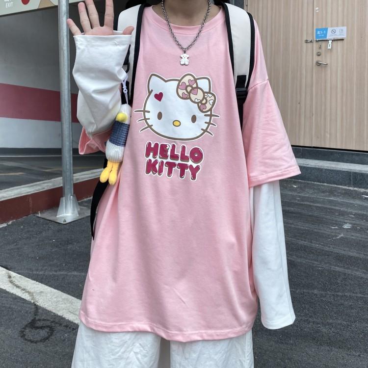 Áo Thun Tay Dài Unisex Ráp Tay MÈO HELLO KITTYY Thu Đông