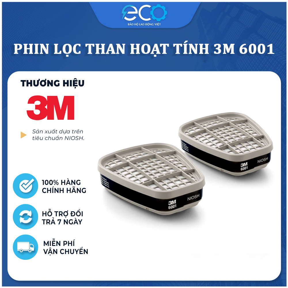 Phin lọc than hoạt tính 3M 6001 lọc hơi hữu cơ, phun thuốc, phun sơn, lọc mùi dùng cho mặt nạ phòng độc 3M chính hãng (1 CẶP)