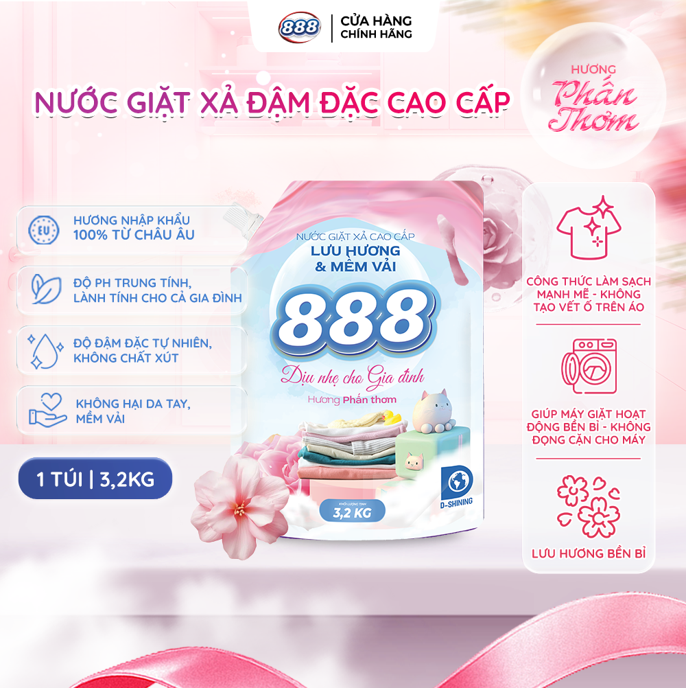 Combo 2 Túi Nước Giặt Xả 888 Hương Phấn Thơm Cao Cấp 3.2kg/túi