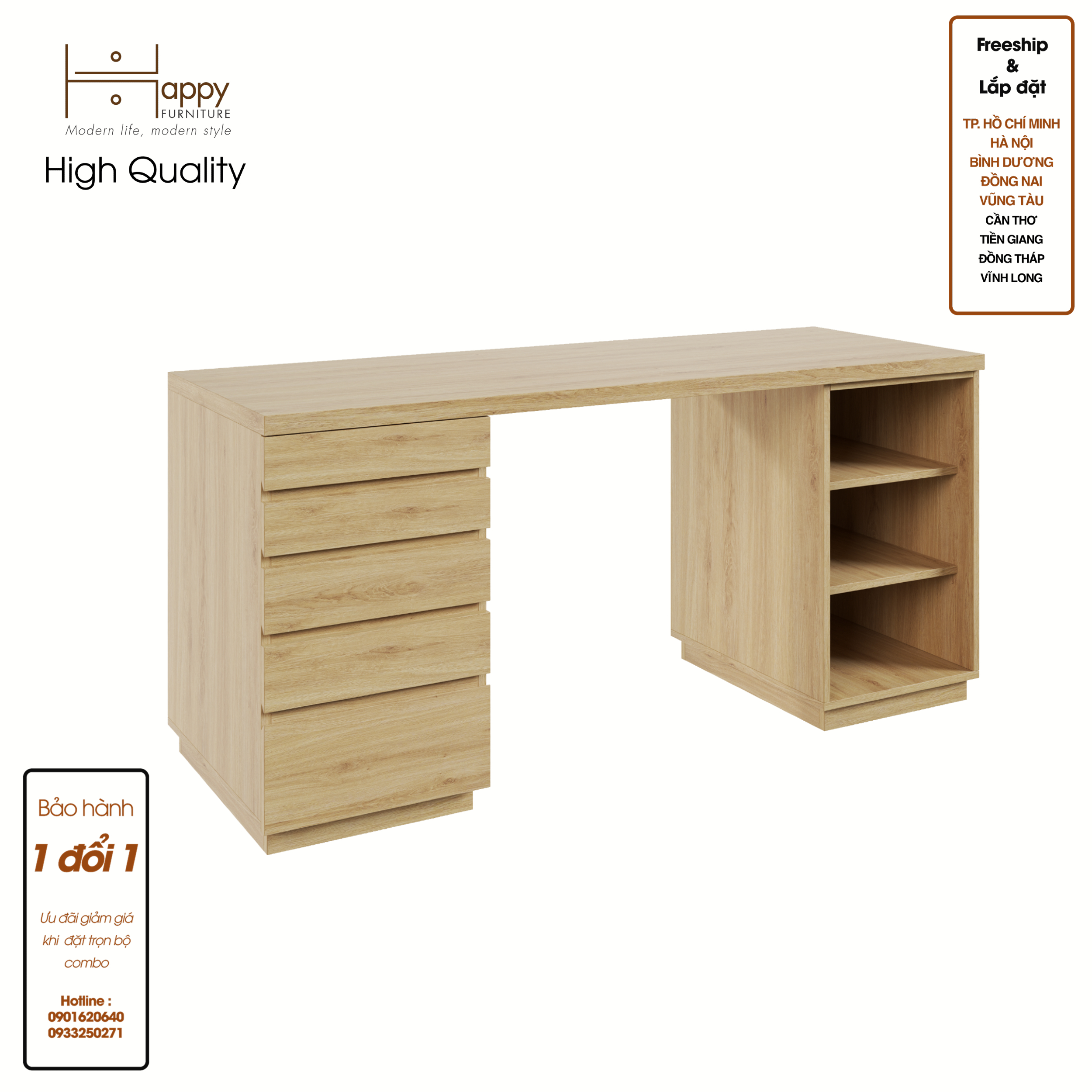 [Happy Home Furniture] MACRO, Bàn làm việc - 2 bên hộc tủ,  160cm x 60cm x 75cm ( DxRxC), BAN_008