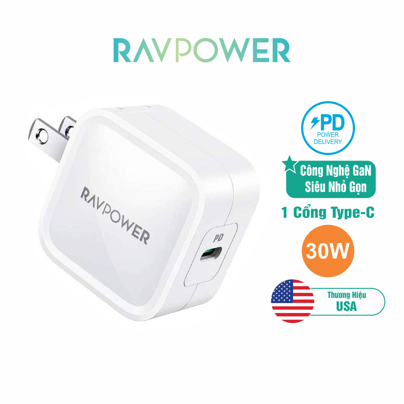 Củ Sạc PD 30W GaN Tech Cho iPhone 12 RAVPower RP-PC120 - Hàng Chính Hãng