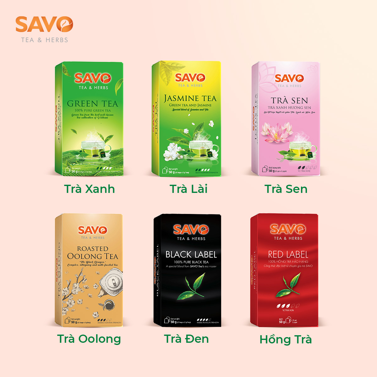 Trà Xanh SAVO Tea túi lọc (Green Tea) - Hộp 25 Gói x 2g