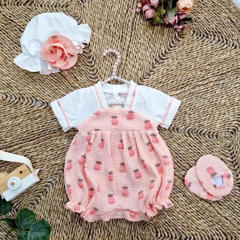 Body Hanbok Hoạ Tiết Quả Dứa Hồng Chất XÔ MUSLIN Mềm Mại Êm Dịu Cho Bé