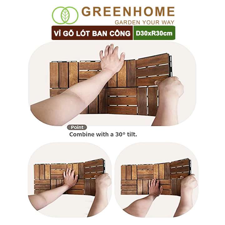Vỉ gỗ lót sàn ban công, D30xR30cm, 12 nan, hàng xuất khẩu, dễ lắp đặt, lót sân vườn, sân thượng, hồ bơi |Greenhome