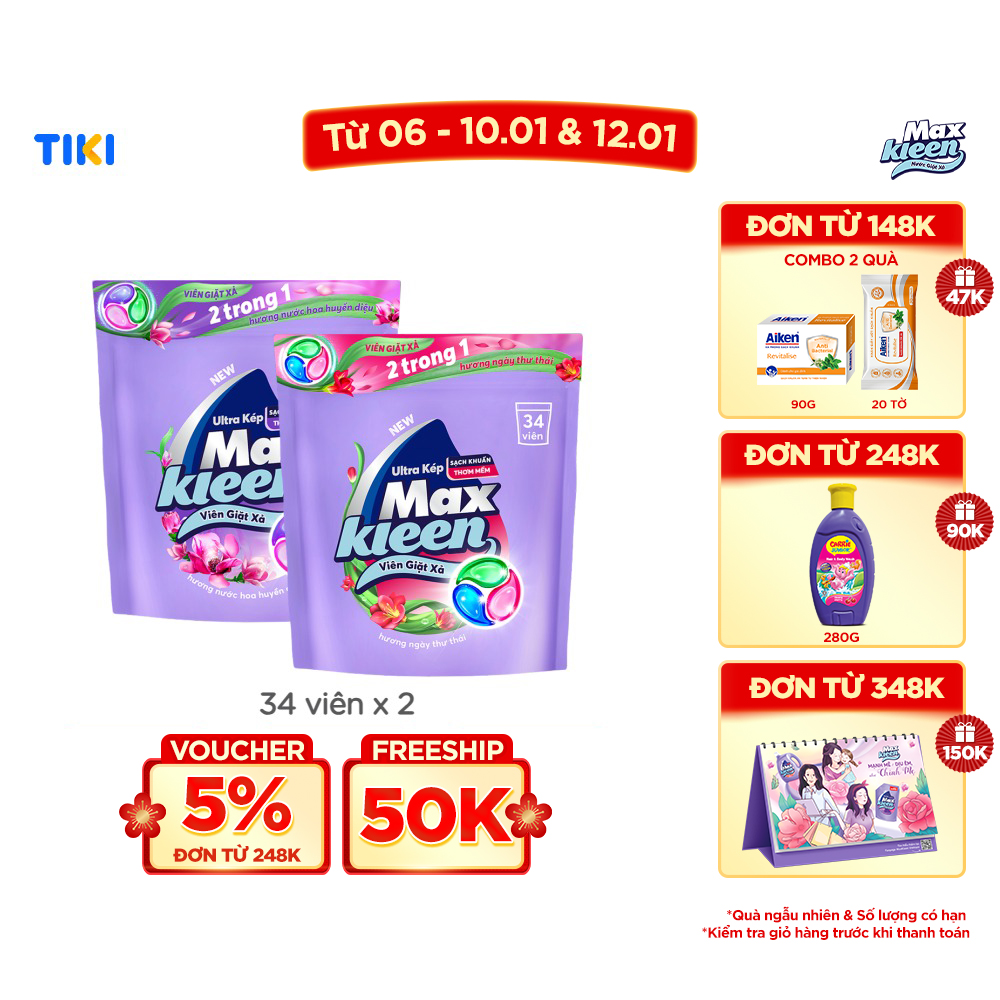 Combo 2 Túi Viên Giặt Xả MaxKleen Hương Huyền Diệu + Hương Ngày Thư Thái\