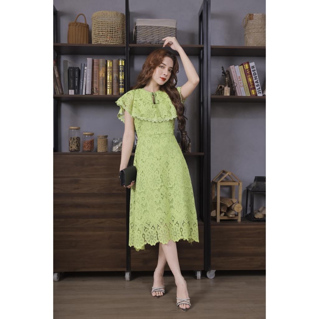 Váy Ren Bèo Cổ Màu Xanh Cốm 23V004 Cao Cấp Pi Style