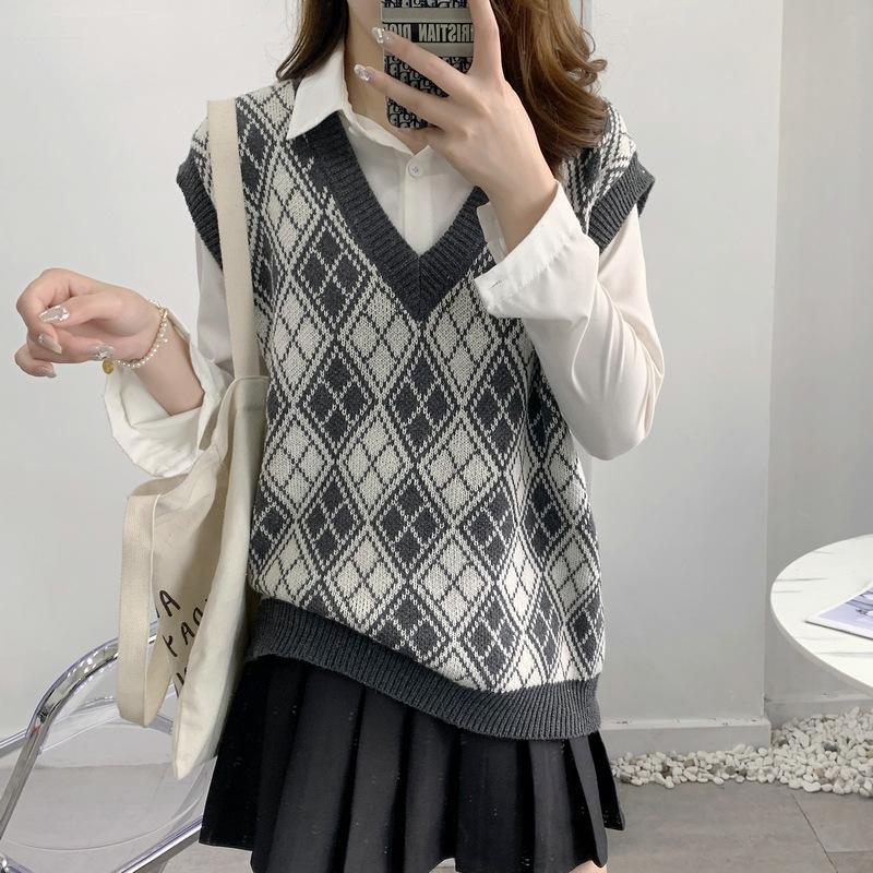 MS790 Áo gile len nữ cổ tim hoạ tiết trám Hàn quốc