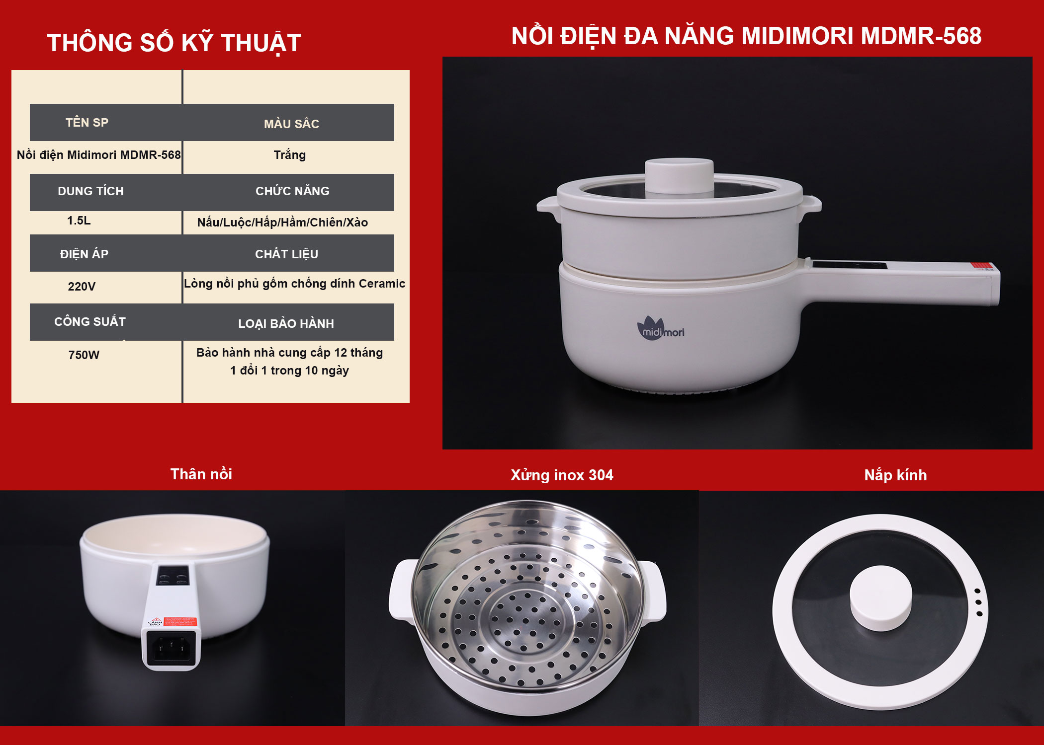 Nồi Lẩu Điện Đa Năng Mini Midimori MDMR-568 (750W) Kèm Xửng Hấp – Hàng Chính Hãng