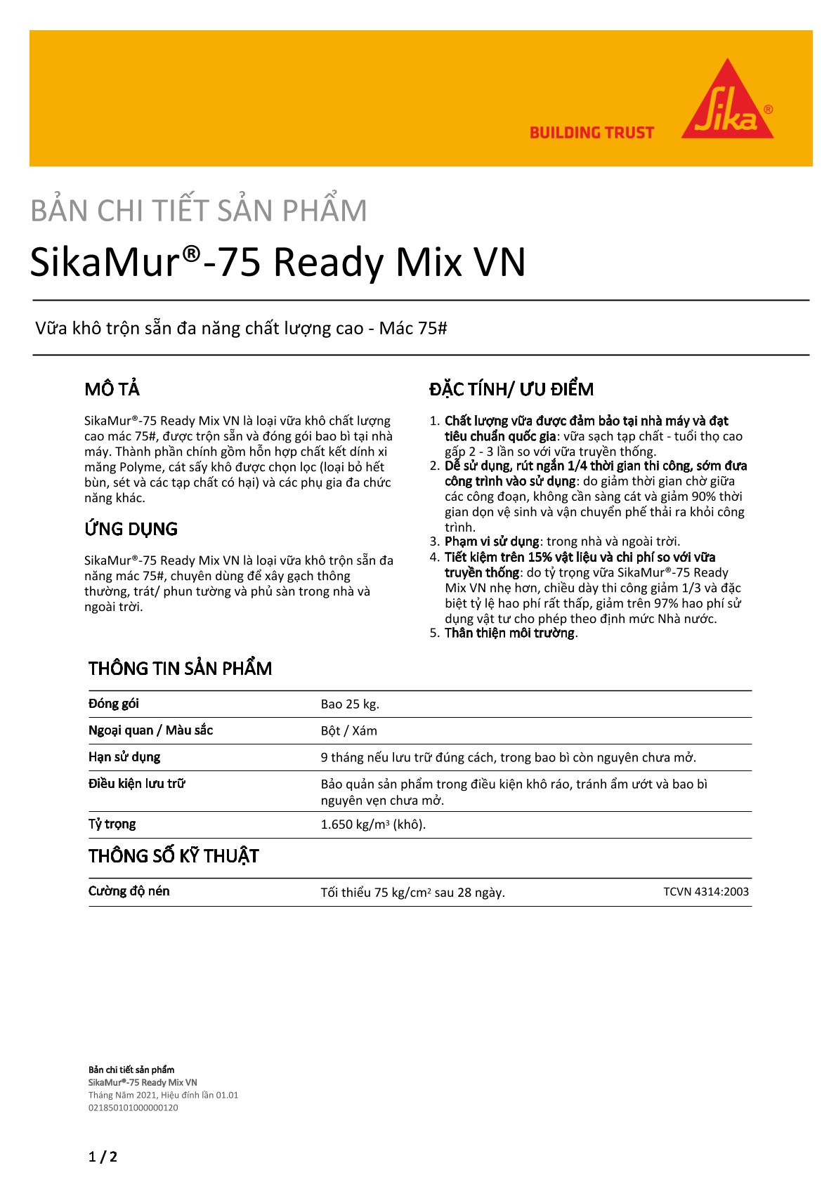 Vữa xây tô trộn sẵn SikaMur 75 Ready Mix VN – Mác 75