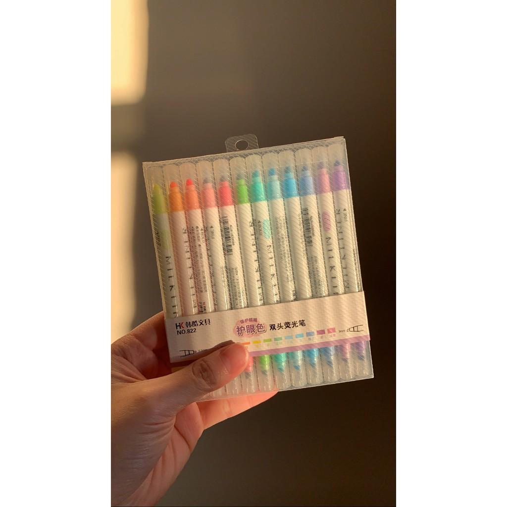 Set 12 Bút Dạ 2 Đầu Milkliner - Bộ Bút Highlight Milkliner bản dupe hoàn hảo của Mildliner