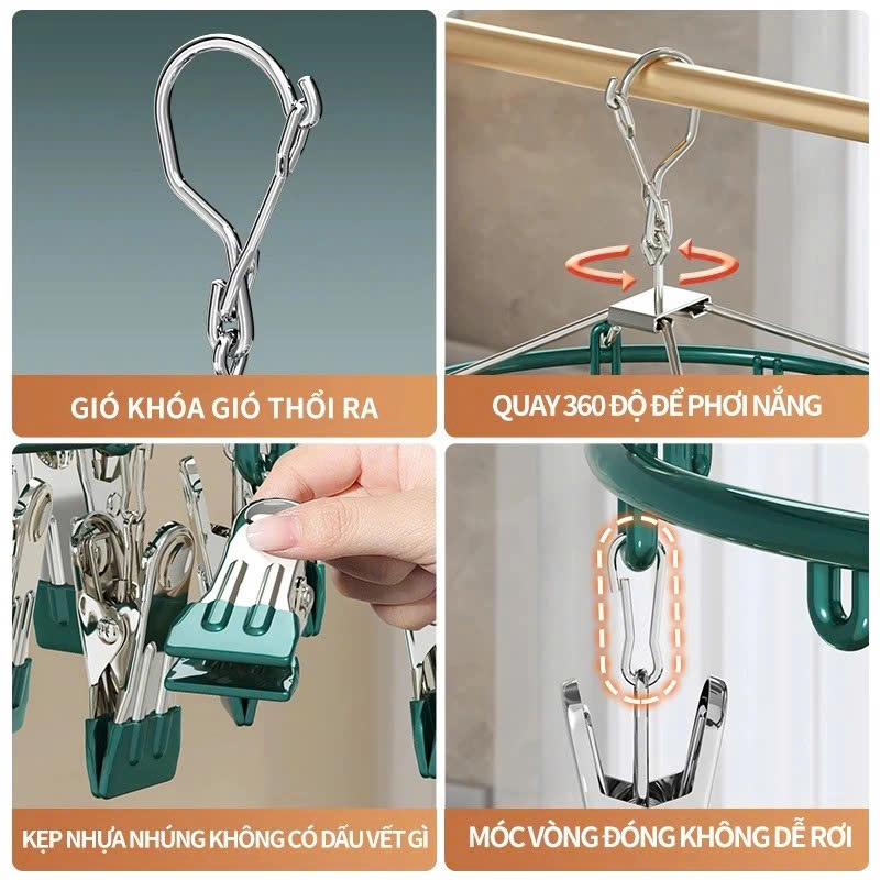 Móc Chùm 24 Kẹp Móc Tròn Vuông Inox Phơi Quần Áo Trẻ Em, Đệm Cao Su Chống Trượt, Treo Tất, Khăn, Đồ Lót Cao Cấp - HÀNG CHÍNH HÃNG MINIIN