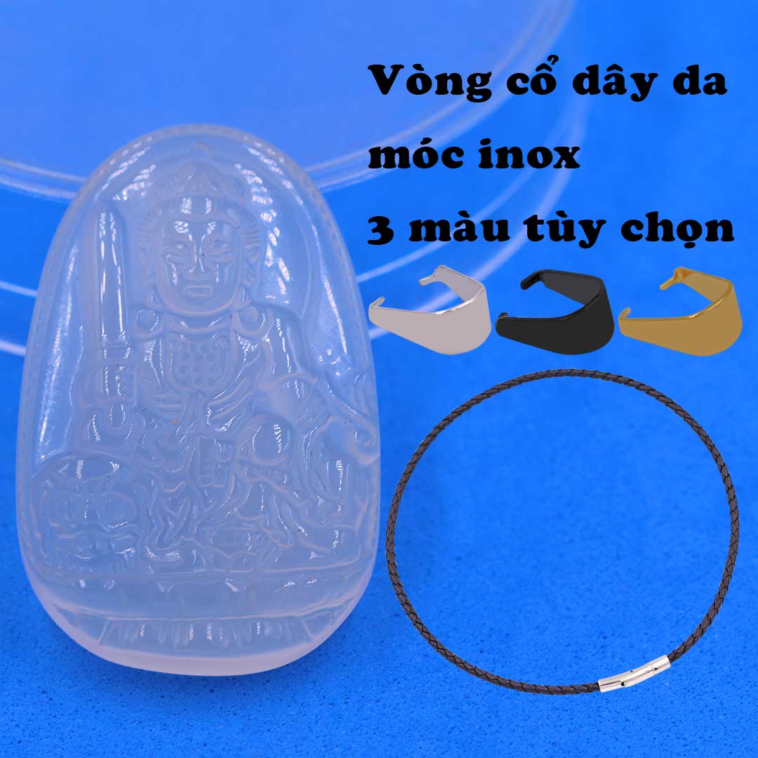 Mặt Phật Văn thù mã não trắng kèm vòng cổ dây da đen + móc inox trắng, mặt dây chuyền Phật bản mệnh, vòng cổ mặt Phật