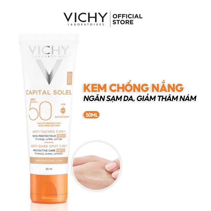 Kem Chống Nắng Vichy Capital Soleil Anti-Dark Spot 3-In-1 Có Màu Che Khuyết Điểm Giảm Thâm Nám Và Dưỡng Da SPF 50 PA+++ 50ml