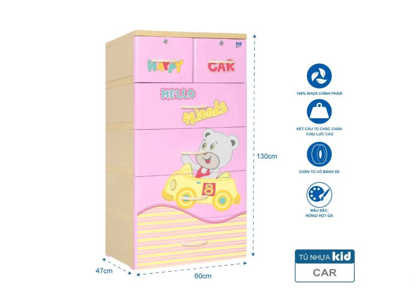 Tủ nhựa 5 tầng Qui Phúc KID màu xanh dương mẫu Car KT 600 x 470 x 1300 mm _ Juno Sofa hàng lắp sẵn