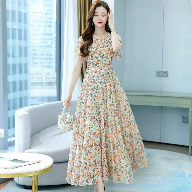 HÀNG NHẬP - ĐẦM MAXI VOAN HOA CỔ KHOÉT