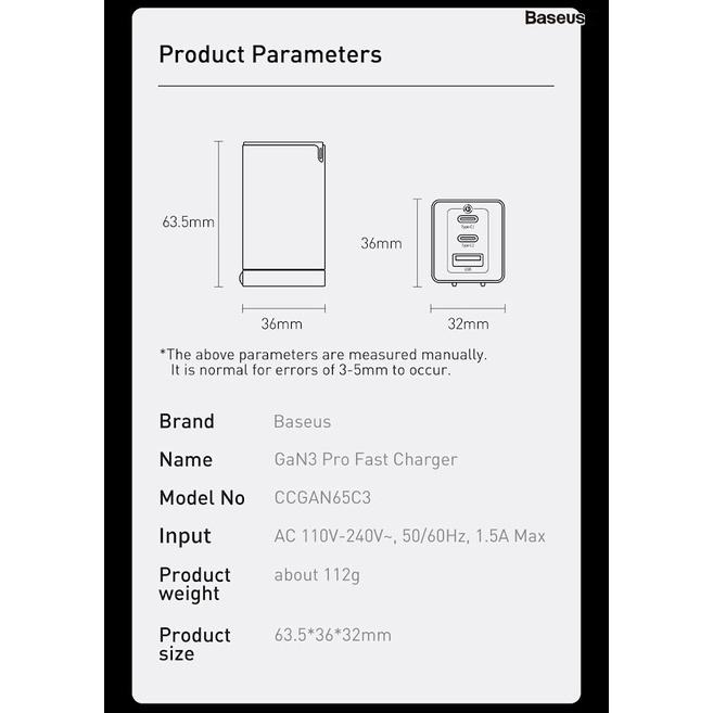 Bộ cốc sạc 3 cổng và cáp TypeC to TypeC Baseus GaN3 Pro 65W hỗ trợ PD3.0/ PPS/ QC4.0/ SCP/ FCP - Hàng Chính Hãng