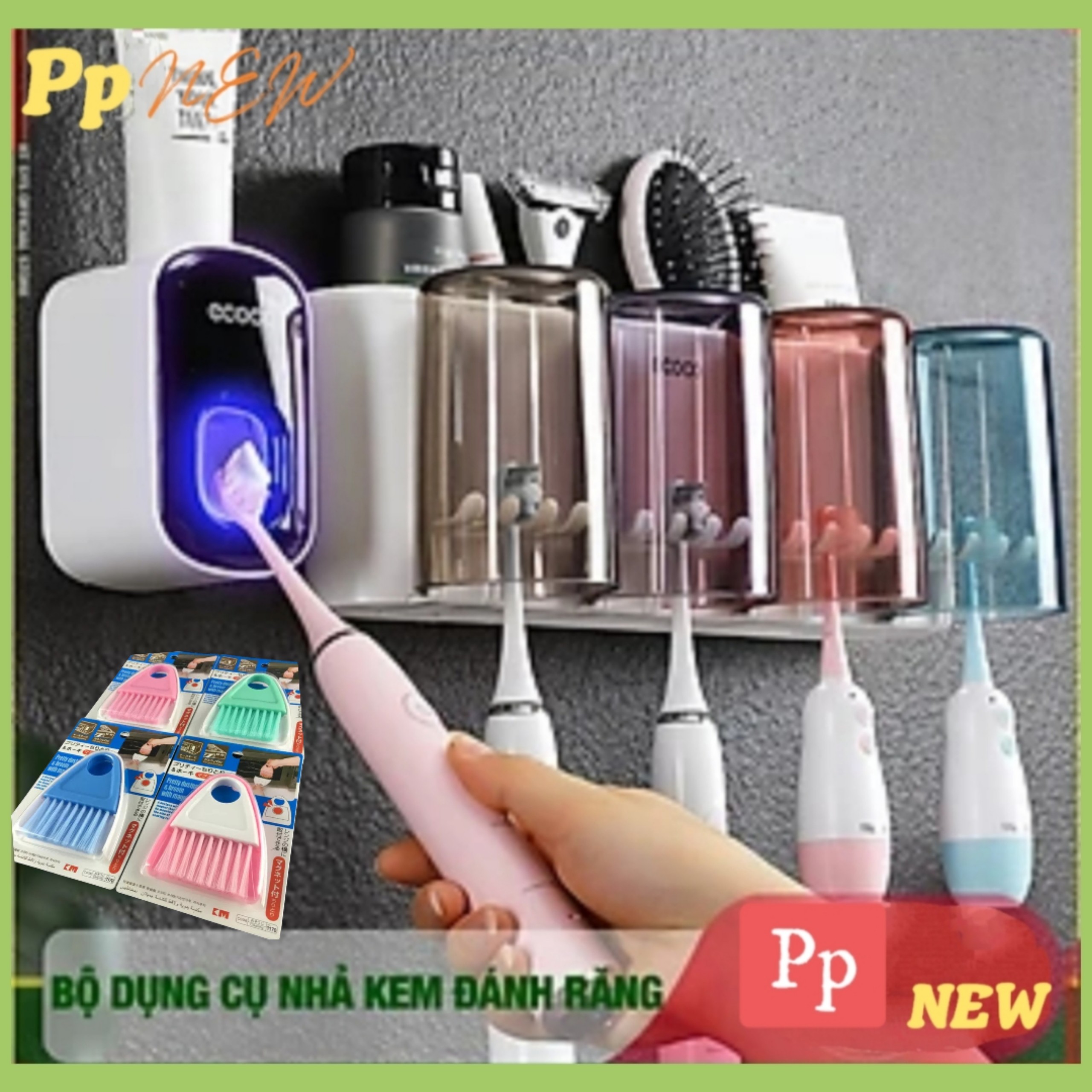 Bộ dụng cụ nhả kem đánh răng tự động 4 cốc và giá treo bàn chải đa năng PHT SUS-ECOCO-E1922-chất liệu ABS cao cấp