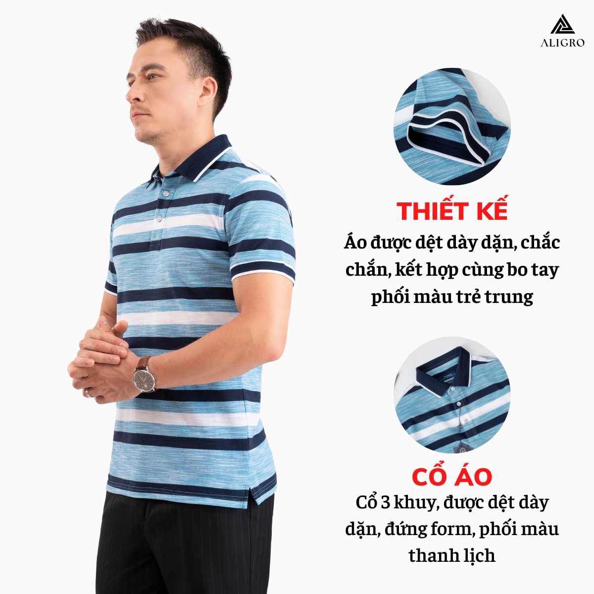 Áo Polo nam ngắn tay kẻ ngang xanh dương-navy ALGPLO86